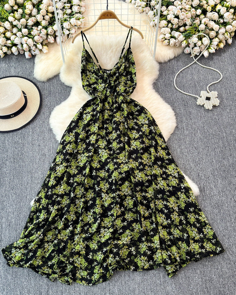 Boho Floral Print Spaghetti Strap A-Line Dress – Summer Beach Vacation Cami Dress