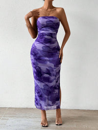 Mesh Floral Pleated Sexy Tight Split Strapless Tube-length Dress