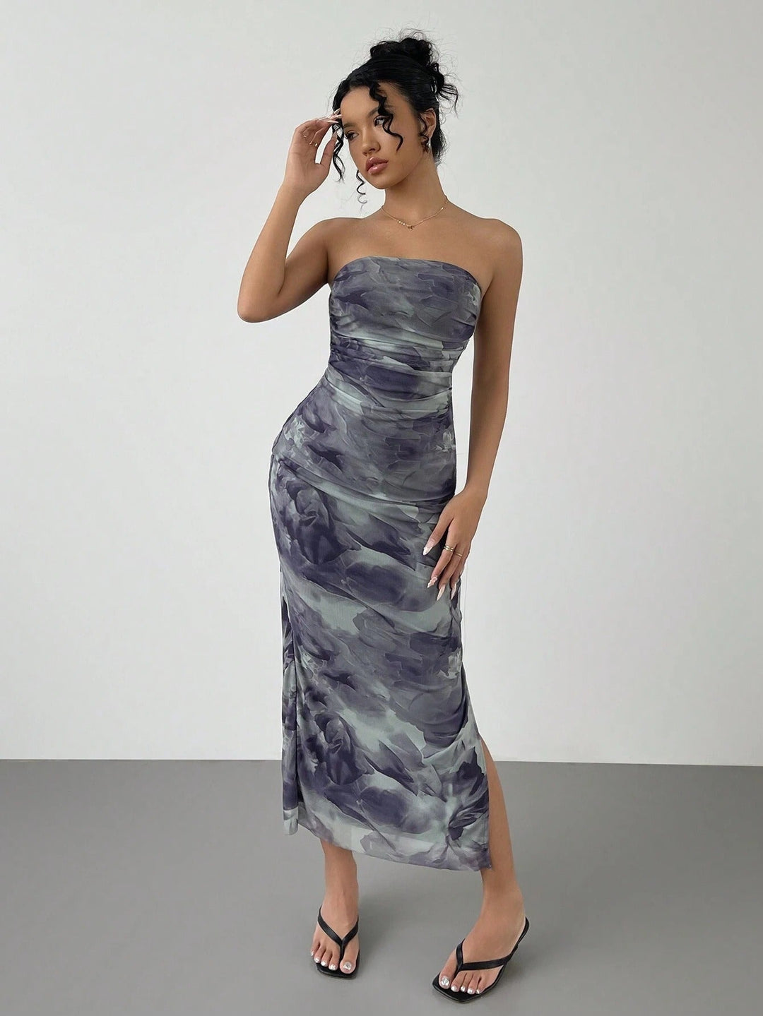 Mesh Floral Pleated Sexy Tight Split Strapless Tube-length Dress