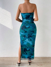 Mesh Floral Pleated Sexy Tight Split Strapless Tube-length Dress
