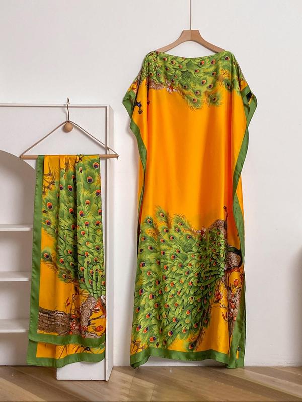 Women's Peacock Print Cape Shawl & Scarf Set – Elegant Beach Swim Cover-Up