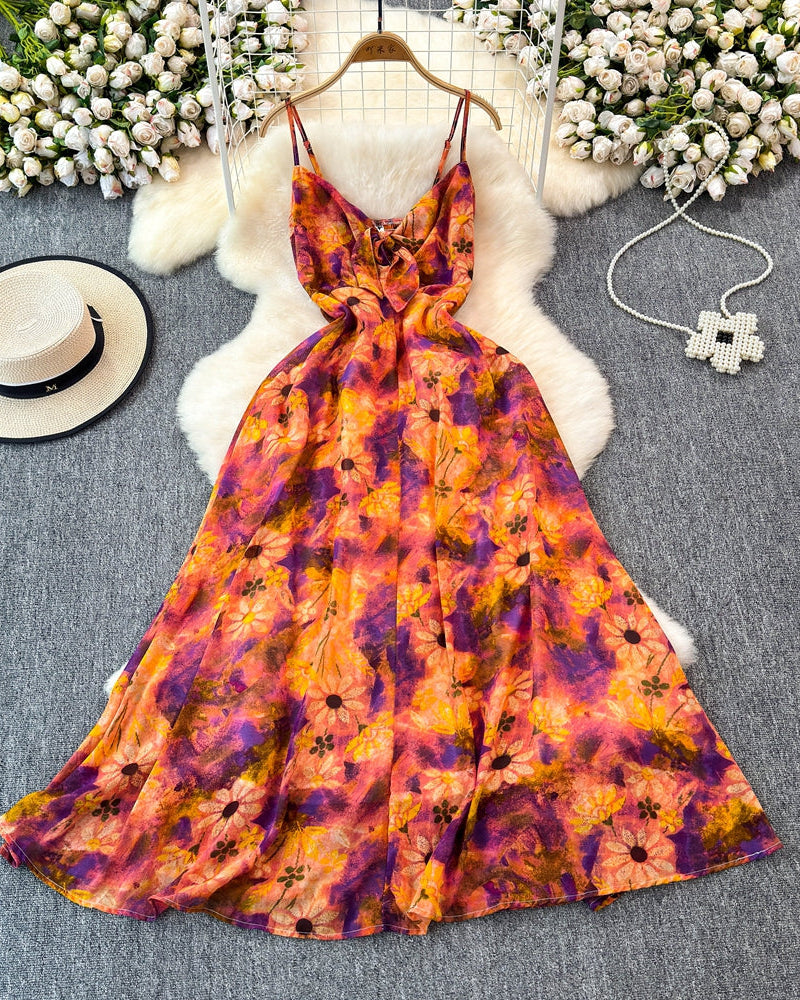 Boho Floral Print Spaghetti Strap A-Line Dress – Summer Beach Vacation Cami Dress