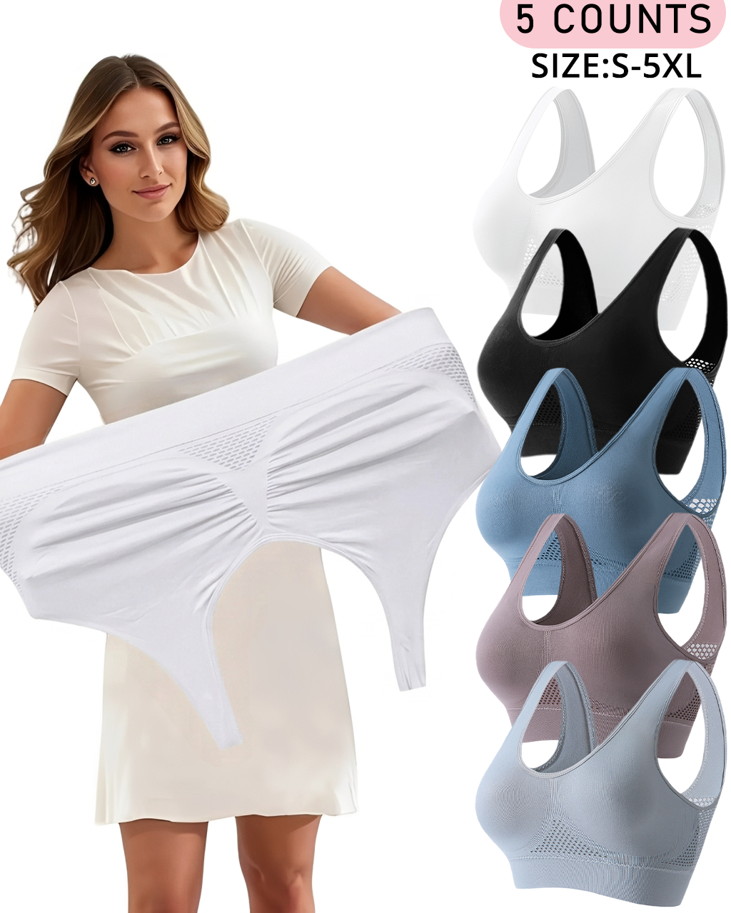 ?Plus Size Up to 5XL ?Curvy Breathable Hollow Out Wireless Bra (5 Pack)