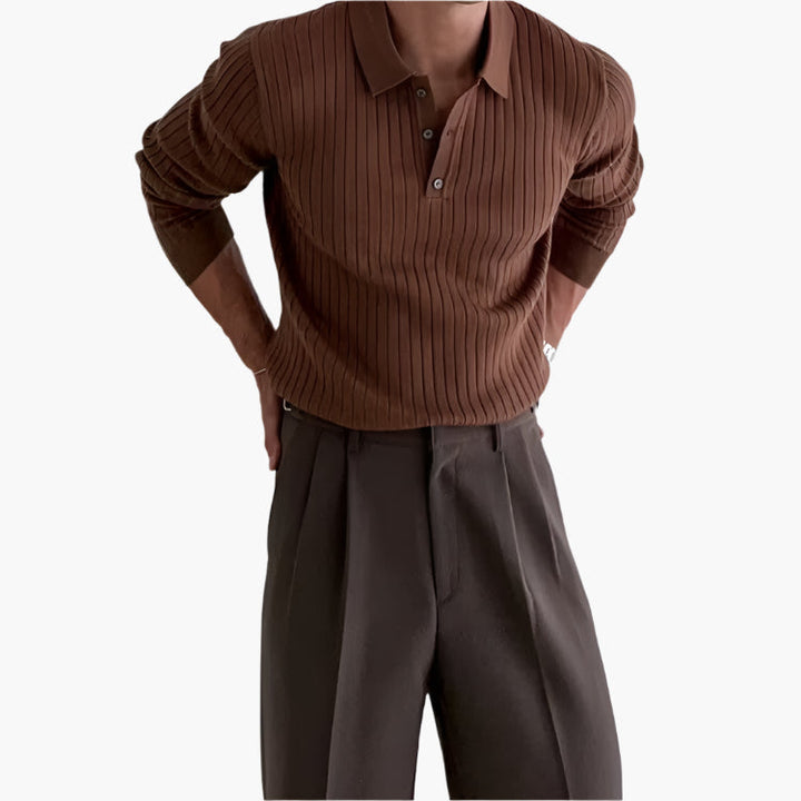 Vienna Ribbed Cotton Long Sleeve Polo Shirt