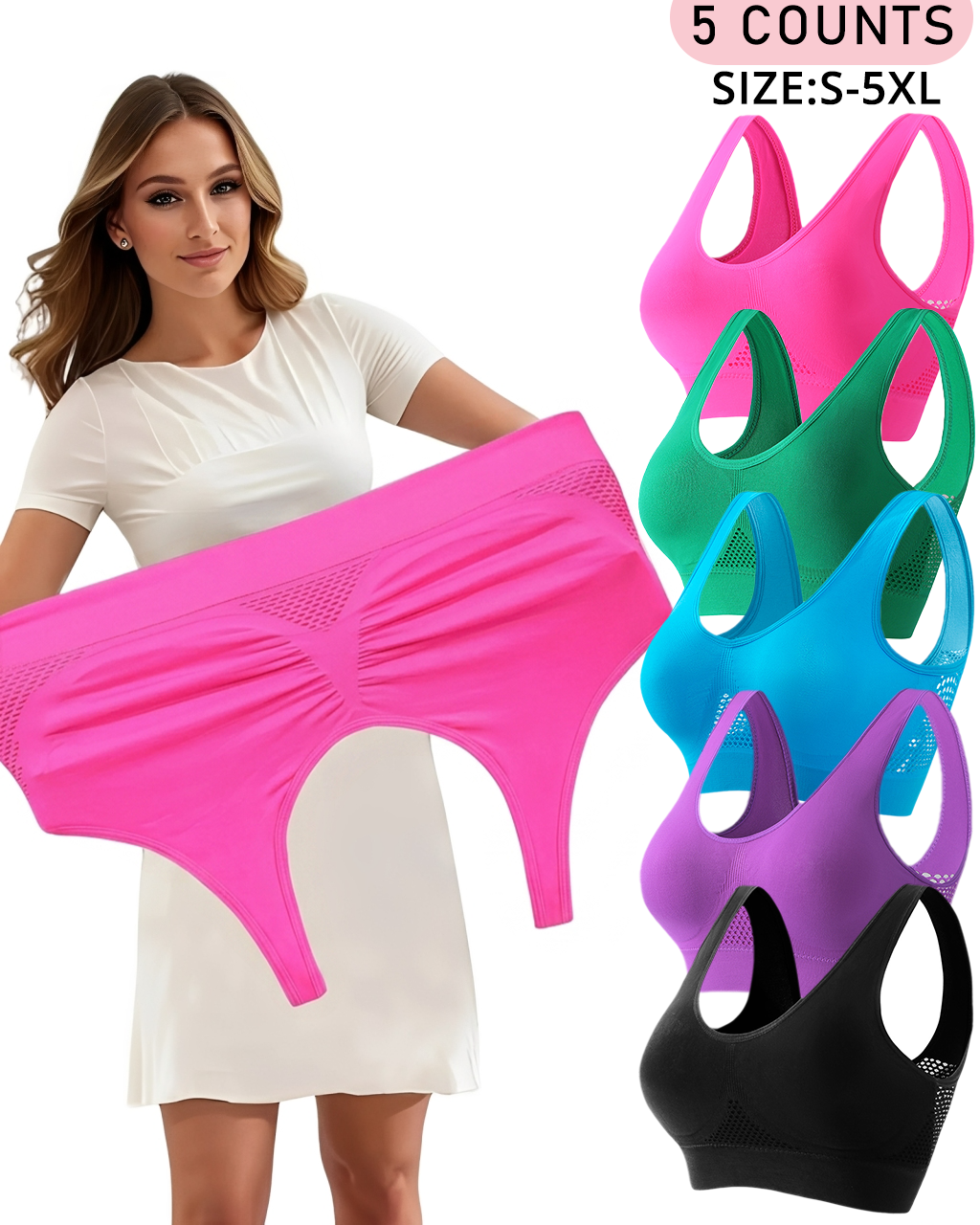 ?Plus Size Up to 5XL ?Curvy Breathable Hollow Out Wireless Bra (5 Pack)