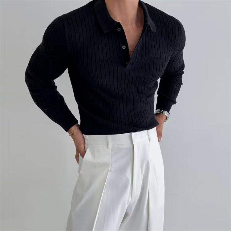 Vienna Ribbed Cotton Long Sleeve Polo Shirt
