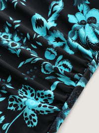 Two-Piece Floral Print Ruched Mesh Swimsuit, Sarong