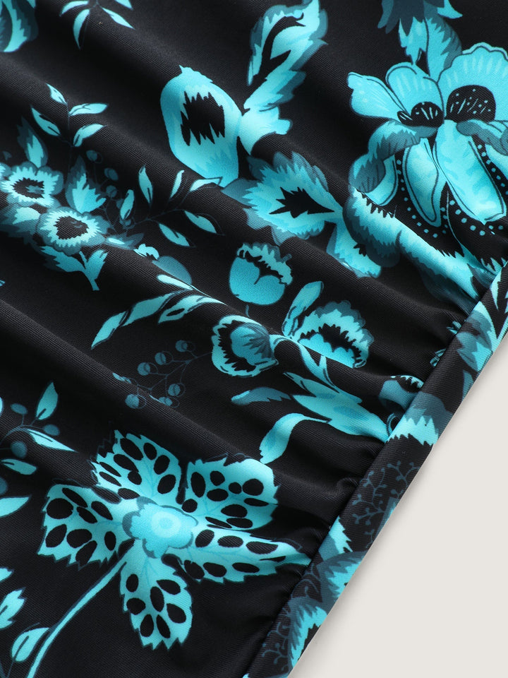 Two-Piece Floral Print Ruched Mesh Swimsuit, Sarong