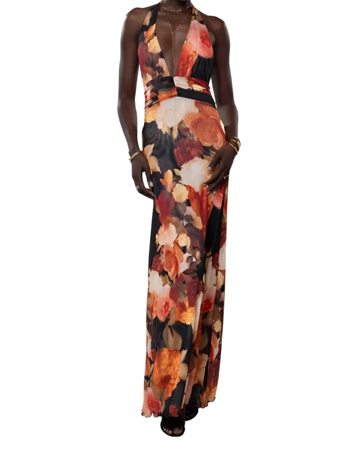 Womens Halter Backless Floral Dot Maxi Dress