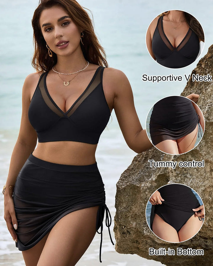Mesh Bikini Set met Hoge Taille, Buikcontrole en Sarong Wraps