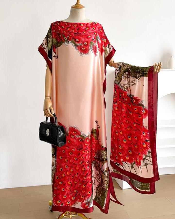 Women's Peacock Print Cape Shawl & Scarf Set – Elegant Beach Swim Cover-Up