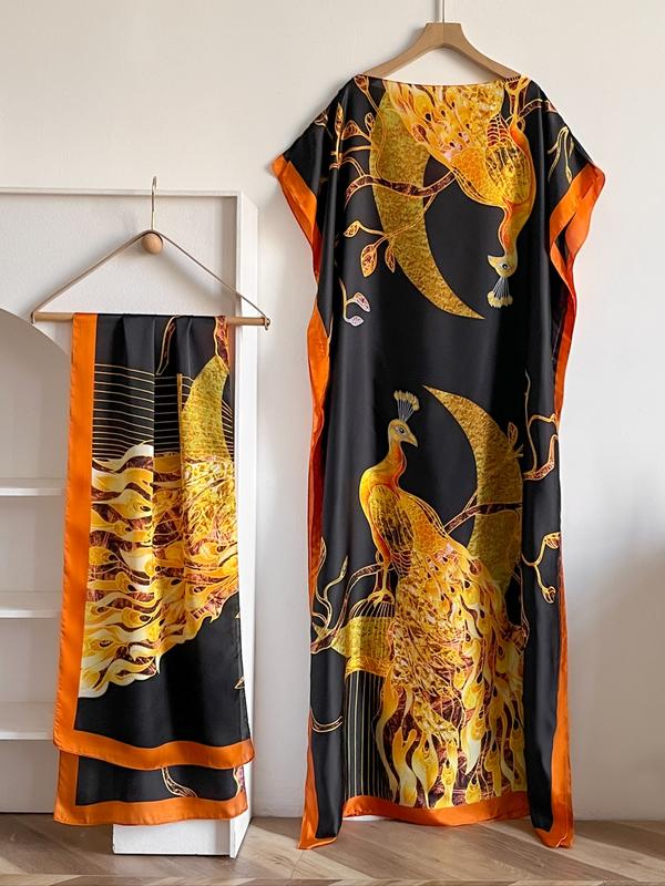 Women's Peacock Print Cape Shawl & Scarf Set – Elegant Beach Swim Cover-Up