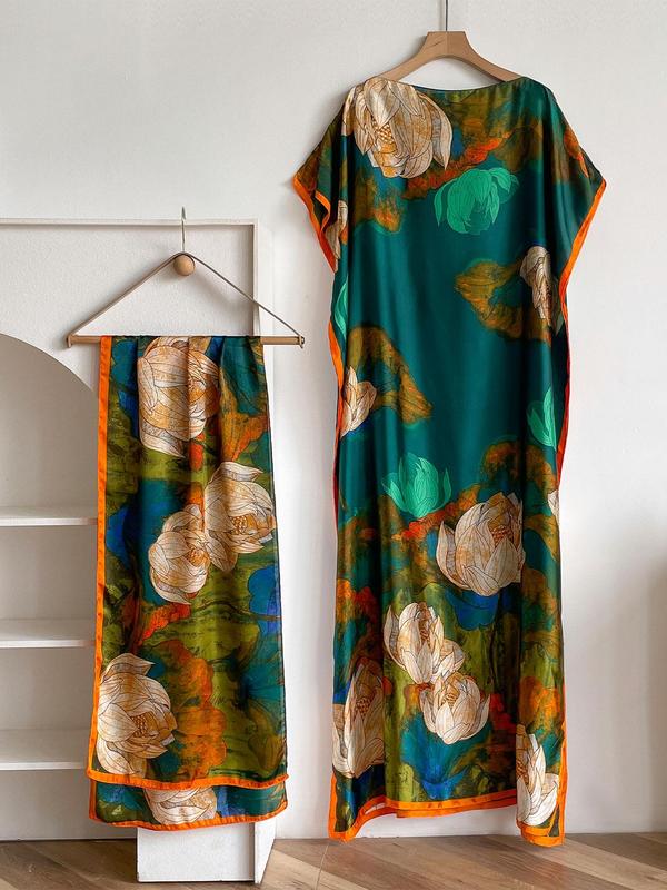 Women's Peacock Print Cape Shawl & Scarf Set – Elegant Beach Swim Cover-Up