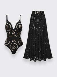 Flower Hollow One Piece Swimsuit and Skirt