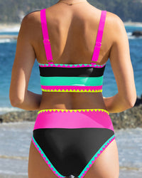 Color Contrast Patchwork Nylon Sporty 3 Piece Bikini Sets
