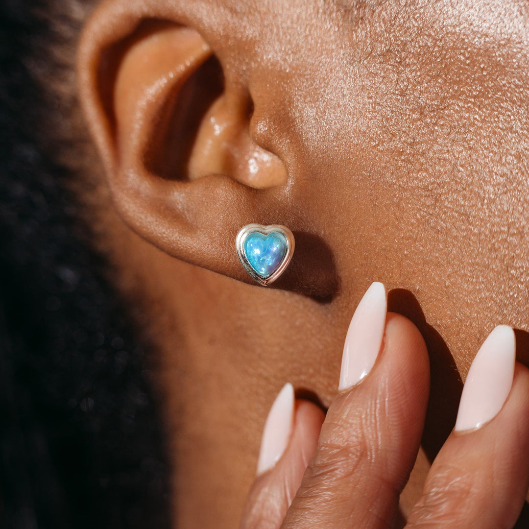 Blue Opal Heart Stud Earrings