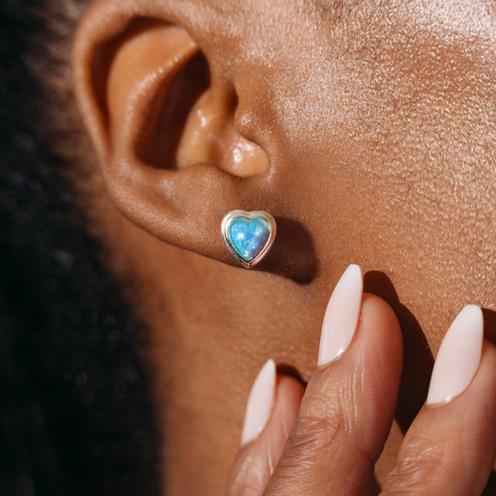Blue Opal Heart Stud Earrings