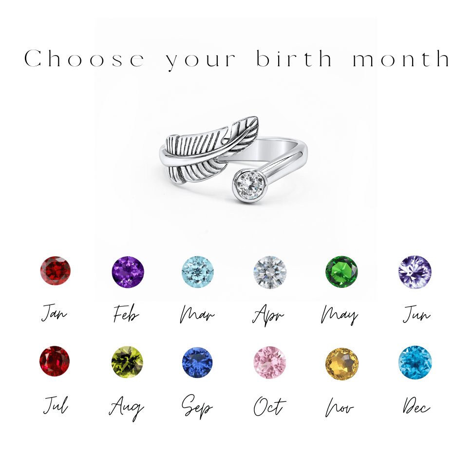Birth Stone Adjustable Feather Ring - Sterling Silver