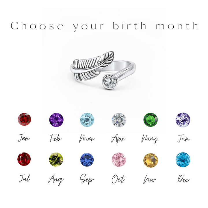 Birth Stone Adjustable Feather Ring - Sterling Silver