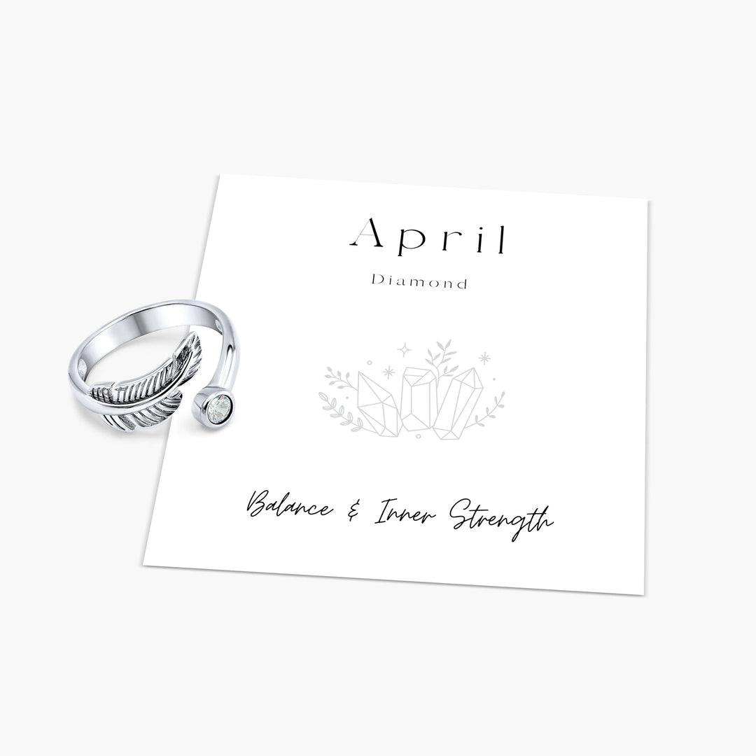Birth Stone Adjustable Feather Ring - Sterling Silver