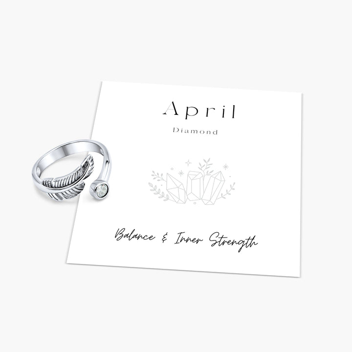 Birth Stone Adjustable Feather Ring - Sterling Silver