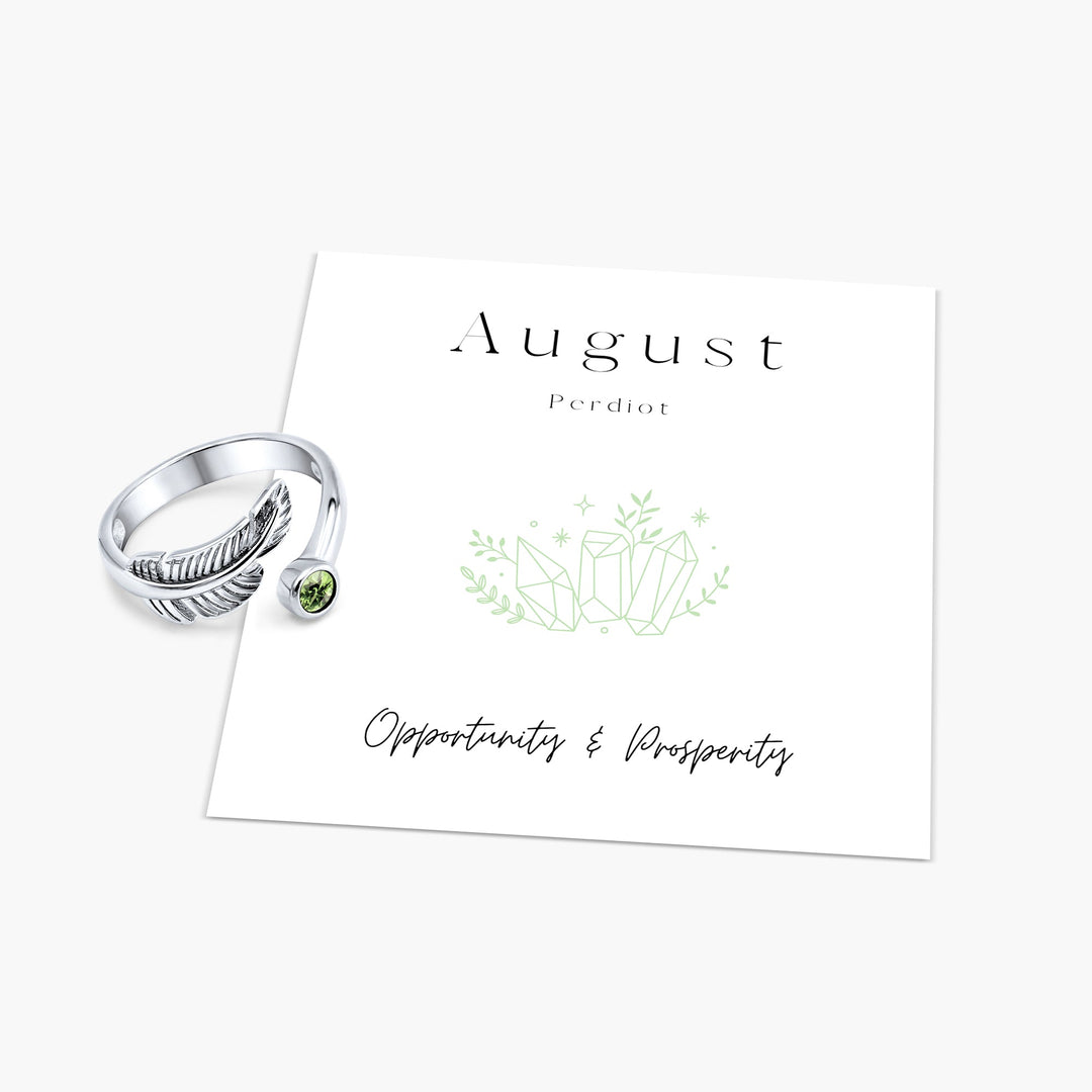 Birth Stone Adjustable Feather Ring - Sterling Silver