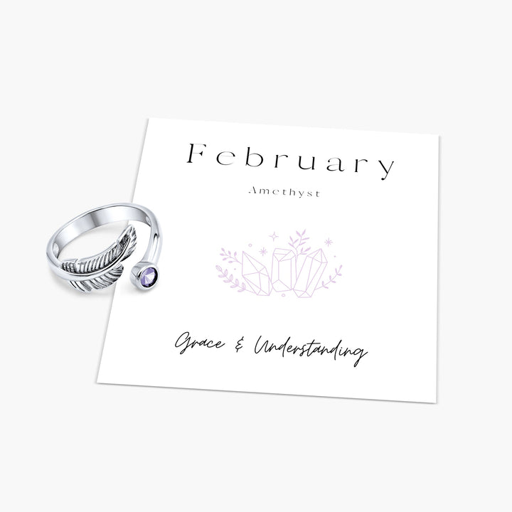 Birth Stone Adjustable Feather Ring - Sterling Silver