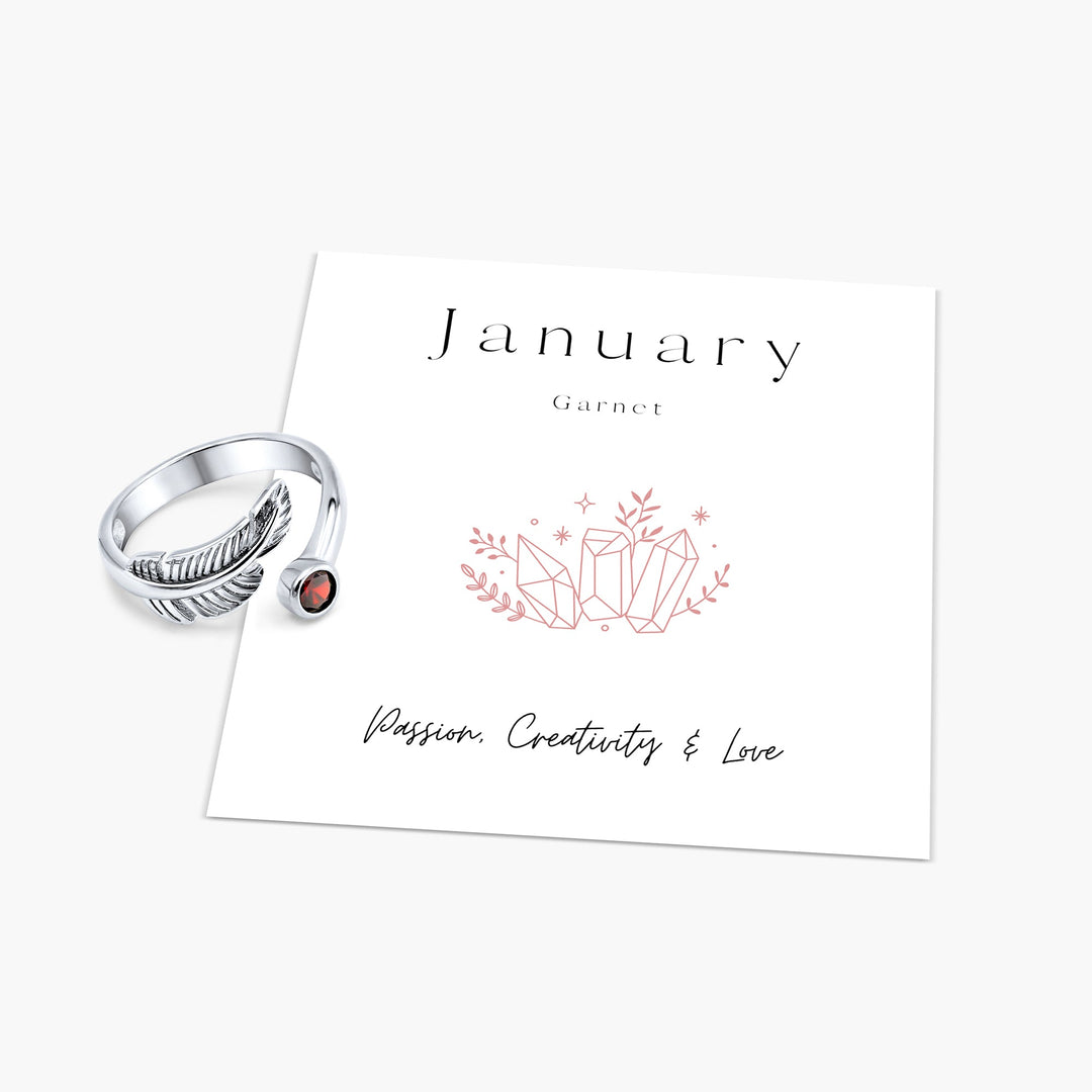 Birth Stone Adjustable Feather Ring - Sterling Silver