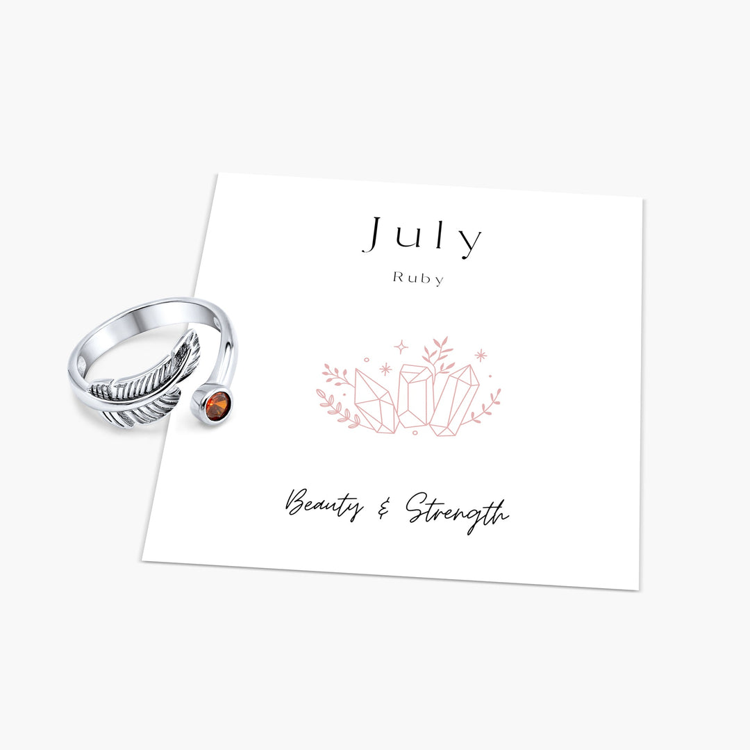 Birth Stone Adjustable Feather Ring - Sterling Silver