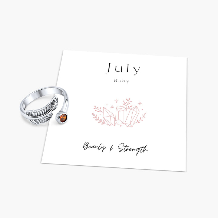 Birth Stone Adjustable Feather Ring - Sterling Silver