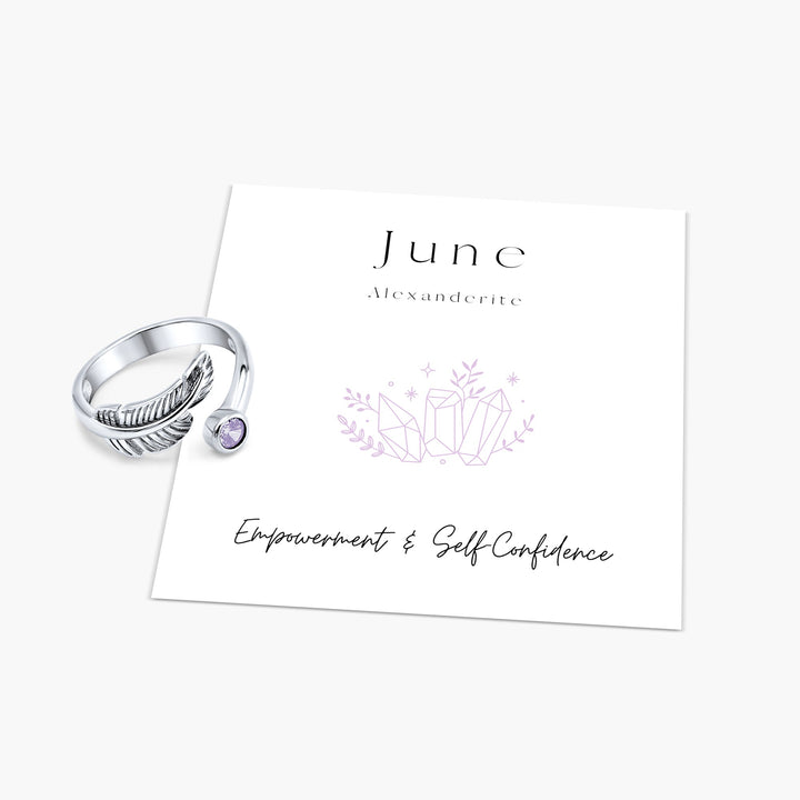 Birth Stone Adjustable Feather Ring - Sterling Silver