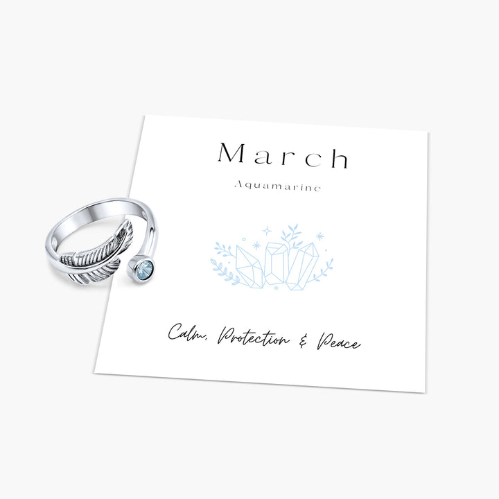 Birth Stone Adjustable Feather Ring - Sterling Silver