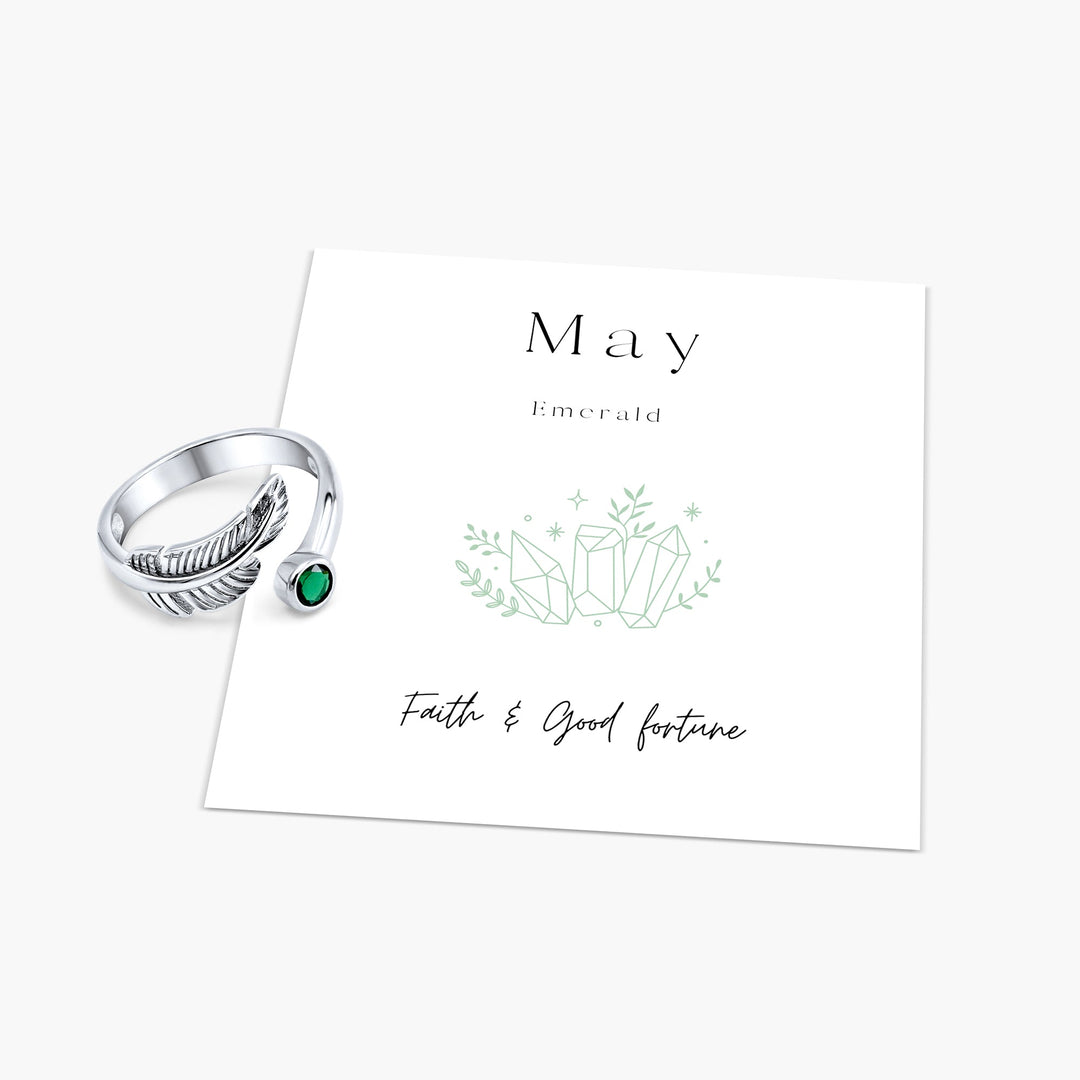 Birth Stone Adjustable Feather Ring - Sterling Silver
