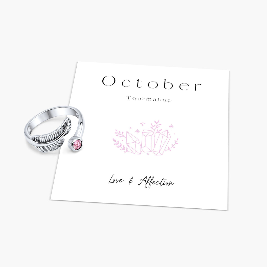 Birth Stone Adjustable Feather Ring - Sterling Silver