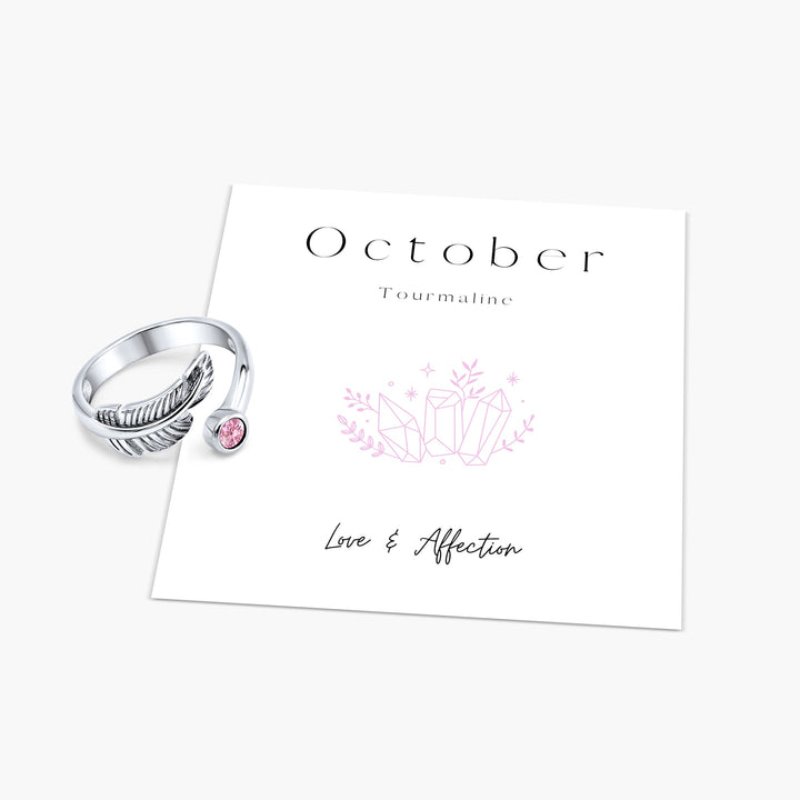 Birth Stone Adjustable Feather Ring - Sterling Silver