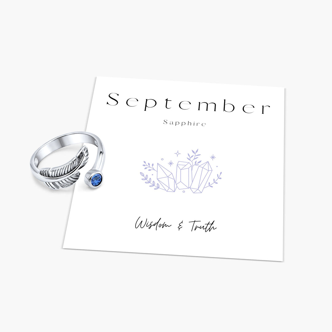 Birth Stone Adjustable Feather Ring - Sterling Silver