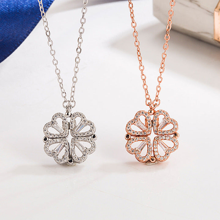 Sterling Silver Magnetic Folding Four Leaf Clover Necklace