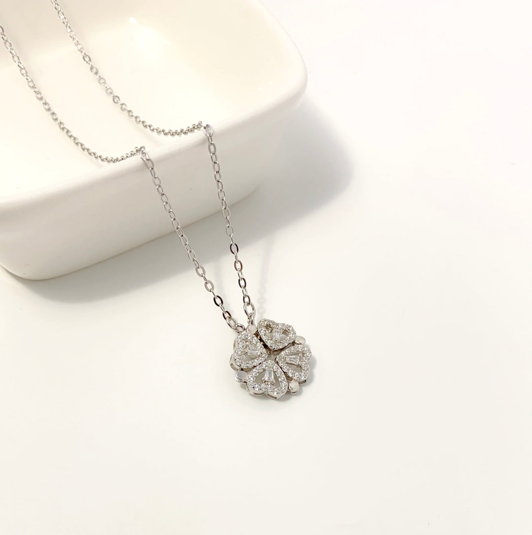 Sterling Silver Magnetic Folding Four Leaf Clover Necklace