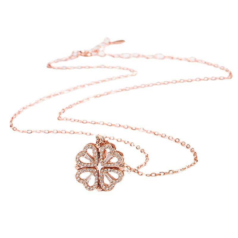 Sterling Silver Magnetic Folding Four Leaf Clover Necklace