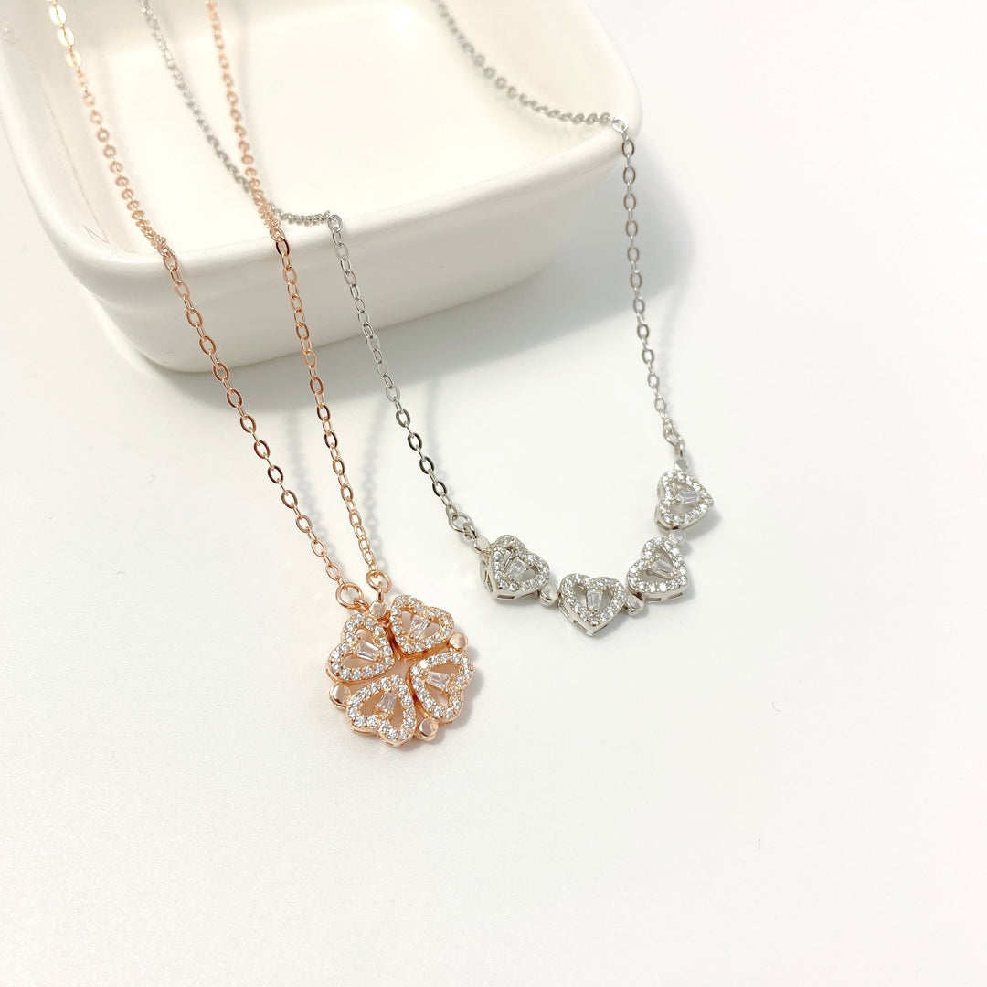 Sterling Silver Magnetic Folding Four Leaf Clover Necklace