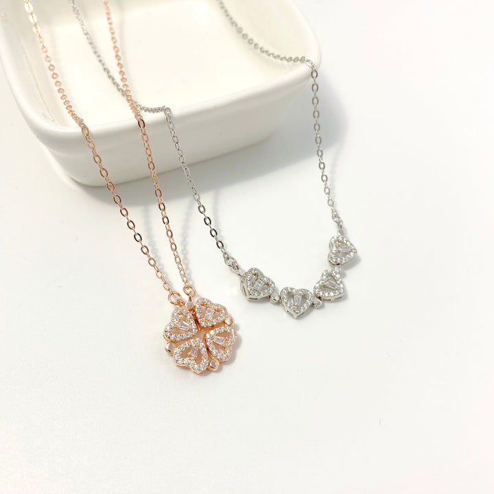 Sterling Silver Magnetic Folding Four Leaf Clover Necklace