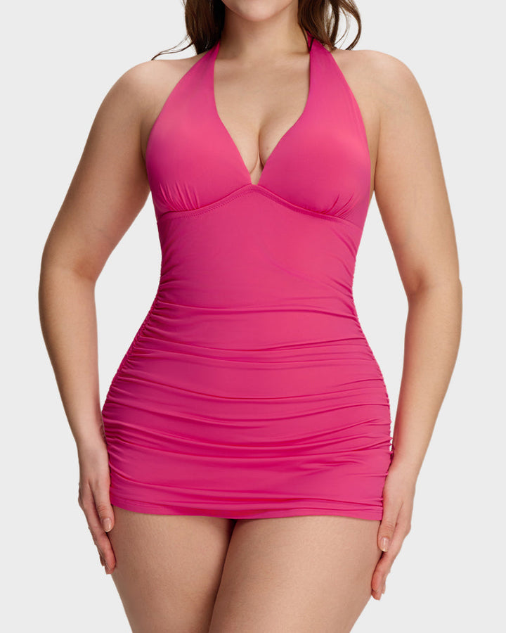 Halter V-Neck Tummy Control Swim Dress