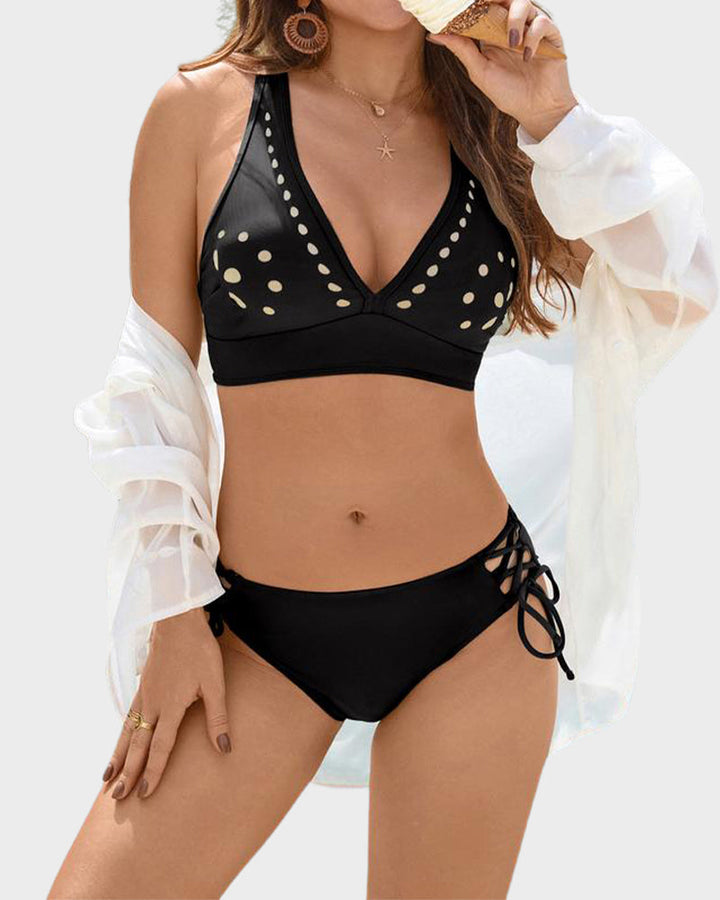 Petal Hollow V-Neck Two-Piece String Bikini Set
