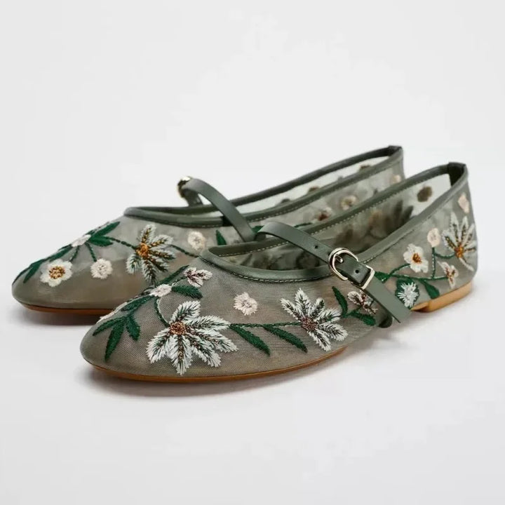 Elowen Bloom – Embroidered Mesh Mary Jane Flats