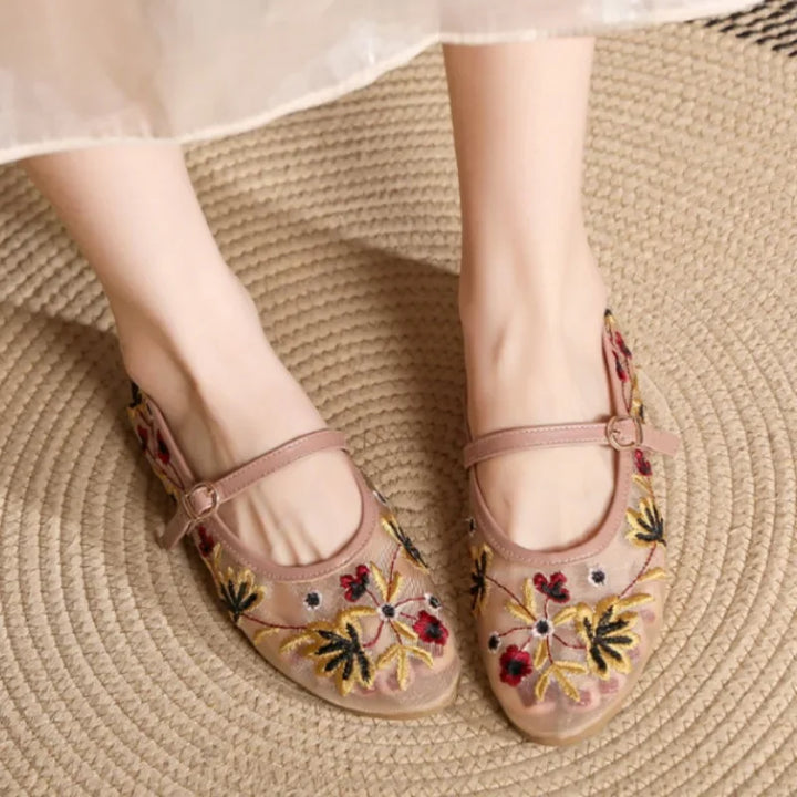 Elowen Bloom – Embroidered Mesh Mary Jane Flats