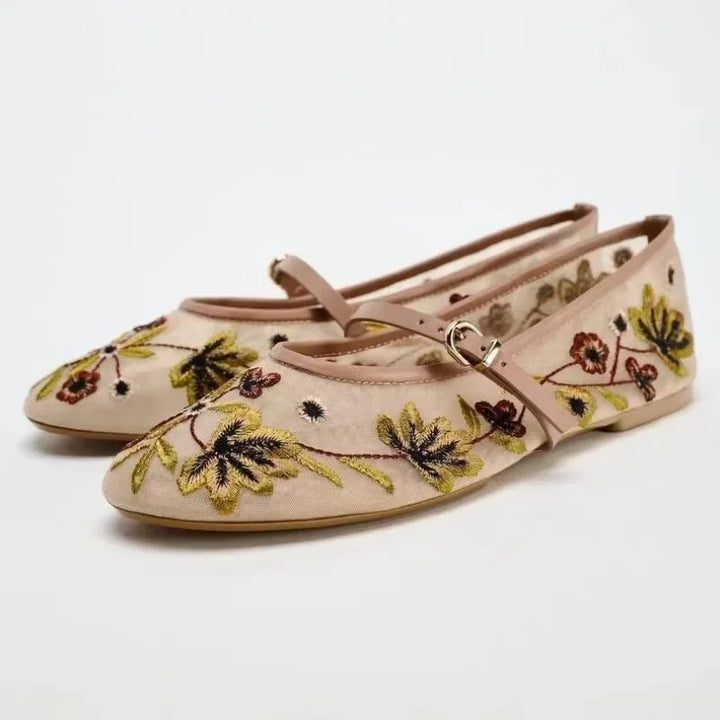 Elowen Bloom – Embroidered Mesh Mary Jane Flats