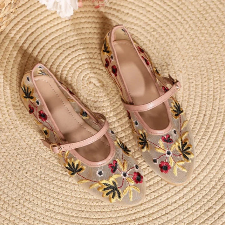 Elowen Bloom – Embroidered Mesh Mary Jane Flats