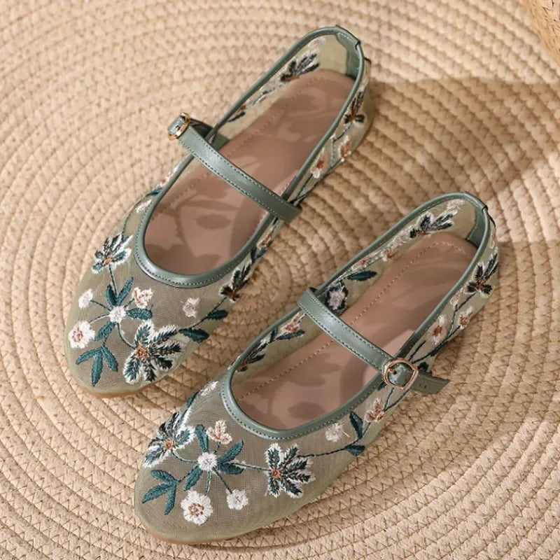 Elowen Bloom – Embroidered Mesh Mary Jane Flats