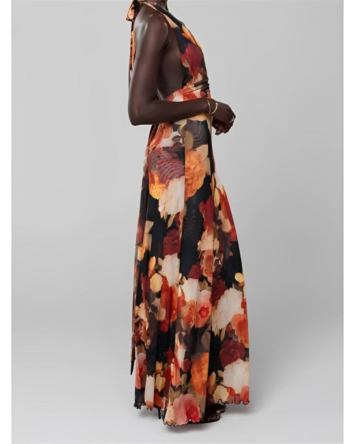 Womens Halter Backless Floral Dot Maxi Dress