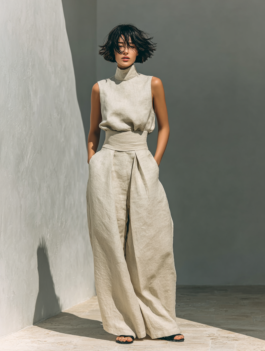 High-Neck Cotton Linen Set
